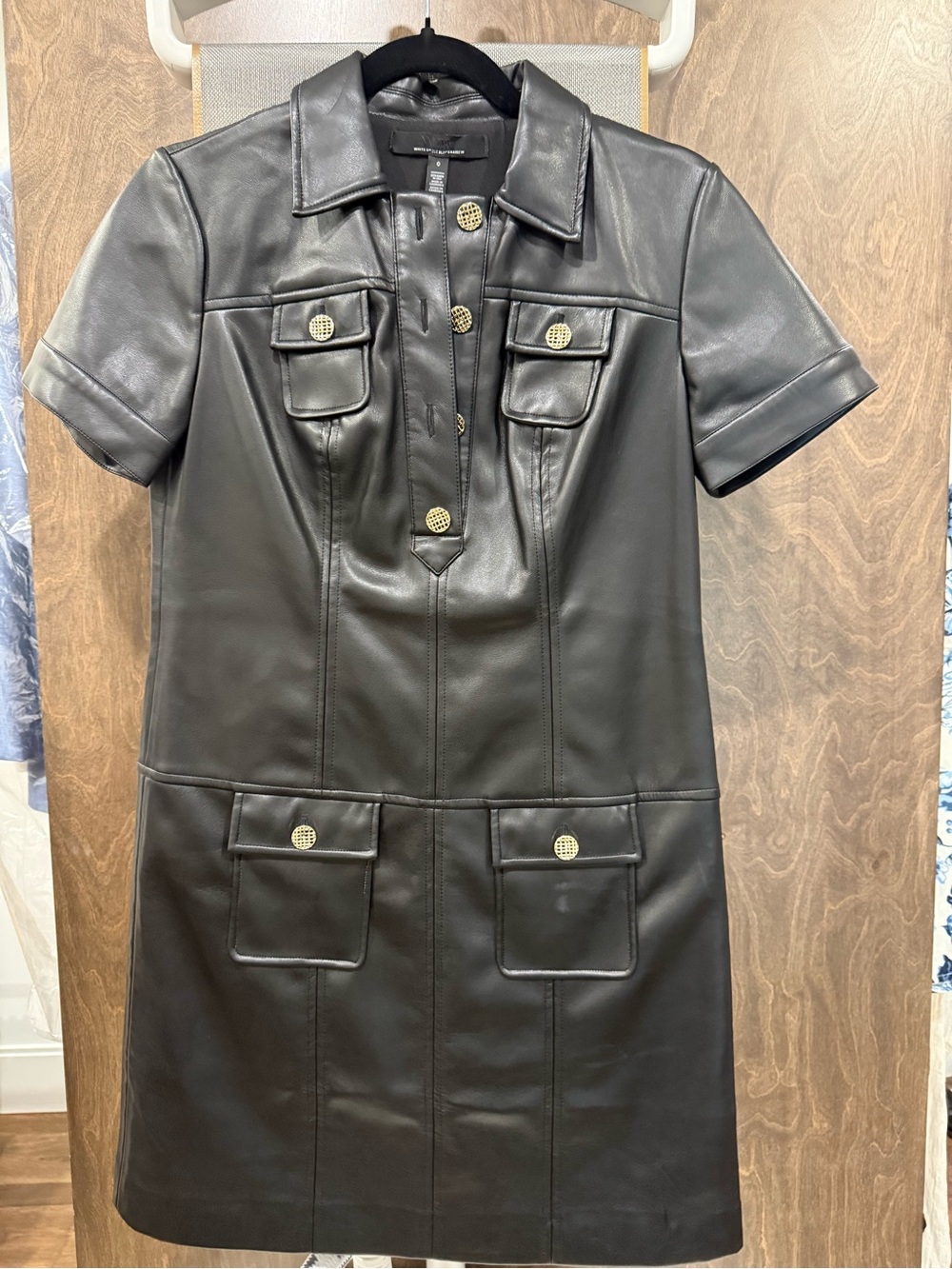 Womens Black Short-Sleeve Faux Leather Shirt Dress with Gold Buttons